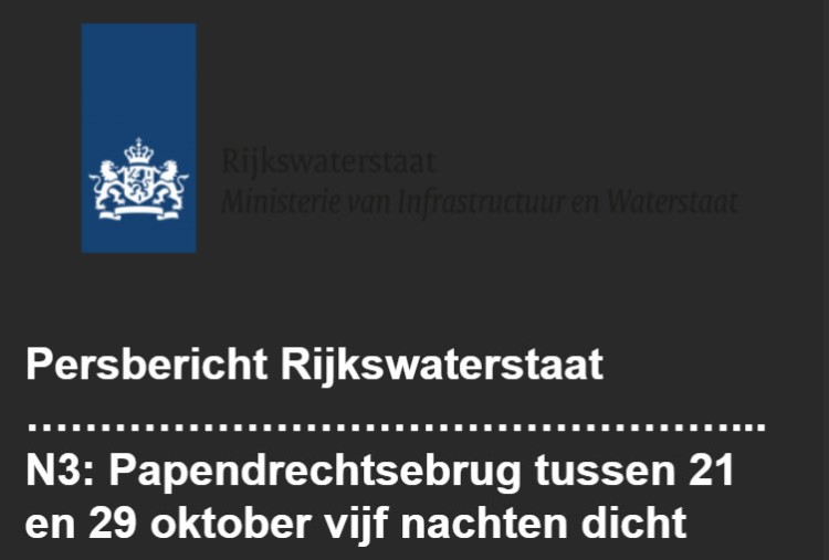 N3: Papendrechtsebrug tussen 21 en 29 oktober vijf nachten dicht