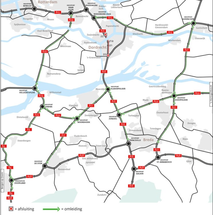A16 tussen ’s Gravendeel en Zwijndrecht afgesloten van 17-19 juli 2021 (richting Rotterdam)